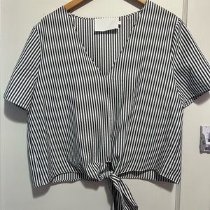 VACATE the label blue and white striped shirt with front tie